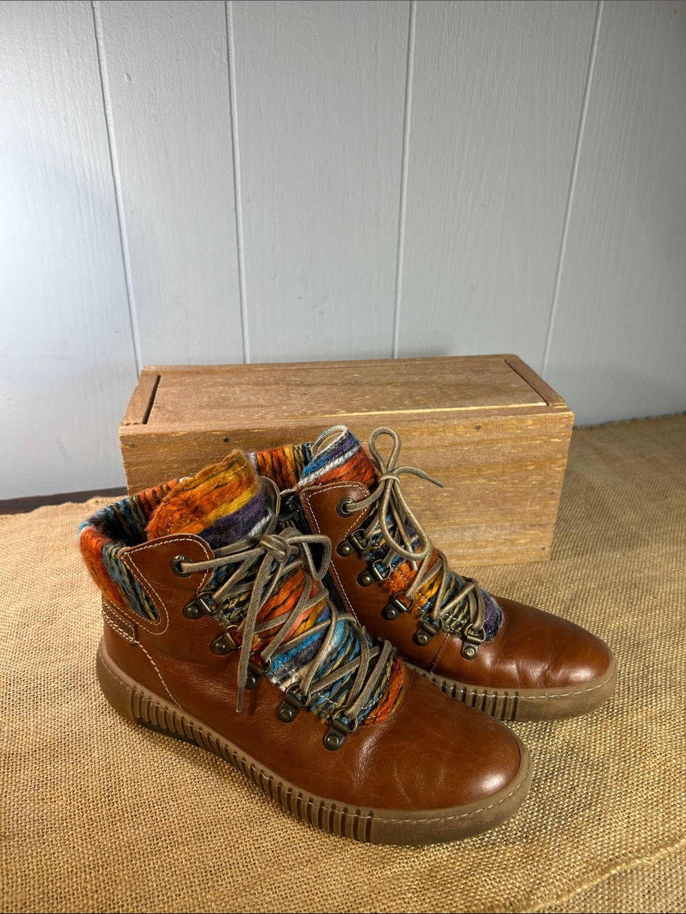 Josef Seibel Brown Leather Ankle Boots with Multicolor Knit Cuffs